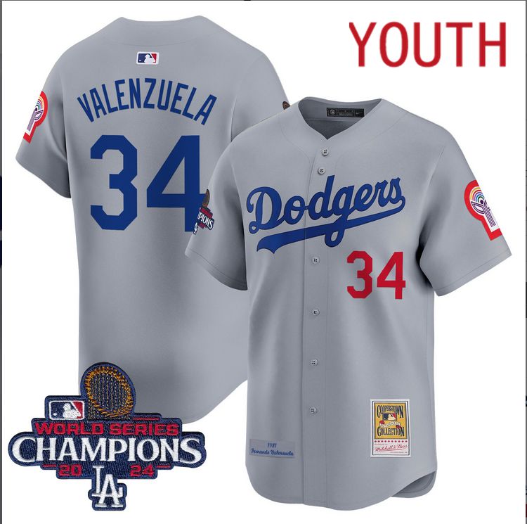 Youth  MLB Los Angeles Dodgers #34 Valenzuela grey 2024 World Series Champions Patch Cooperstown Jersey